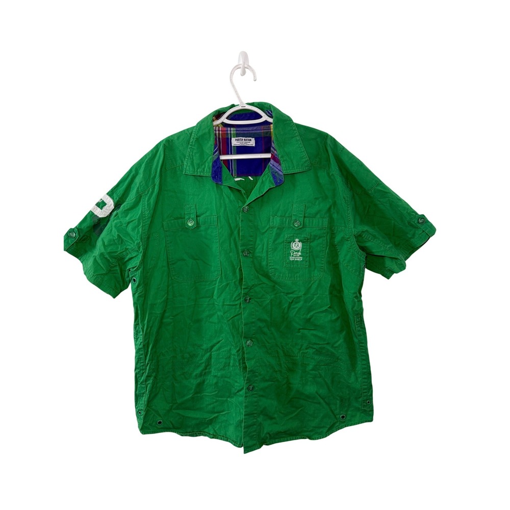Parish Nation Mens 2XL Green‎ Button Up Shirt Graphic Back Y2K Hip Hop